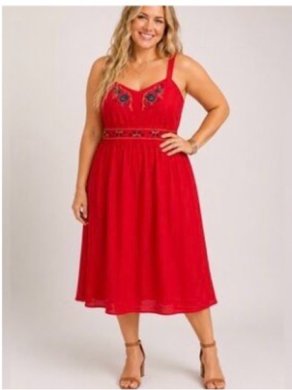 Xhilaration Red Midi Dress with Blue Floral Embroidery